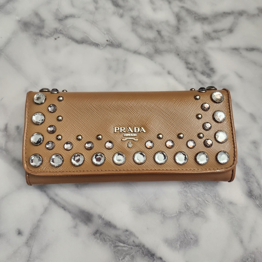 Authentic PRADA Saffiano Patent Leather Vernice Crystal Studded Flap Long Wallet - Picture 1 of 11